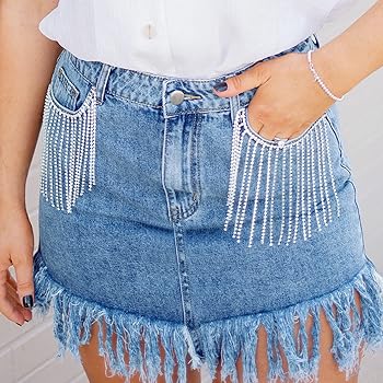 Women Rhinestone Fringe Denim Skirt Shorts Jean Raw Hem